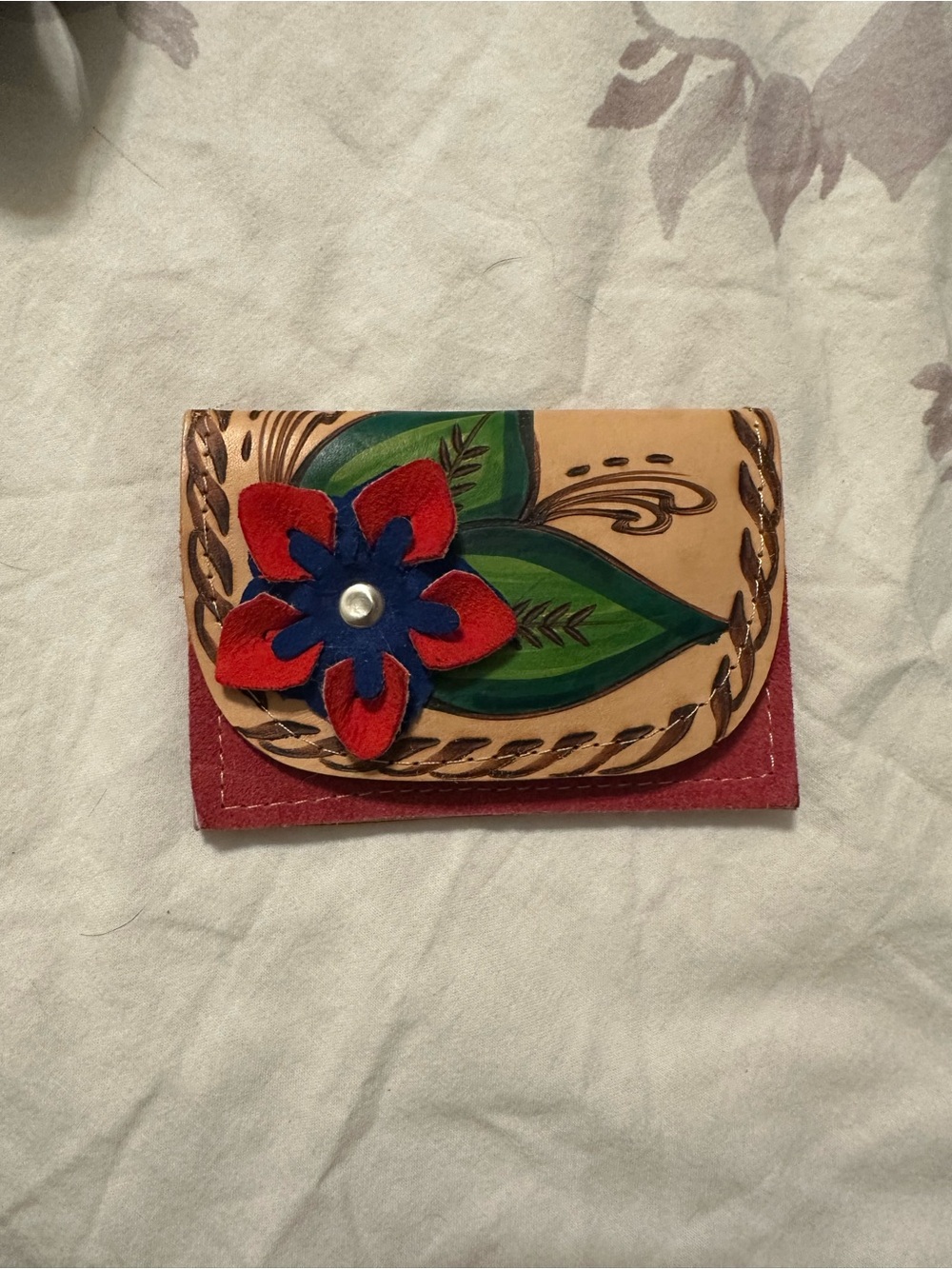 Hand-Painted Floral Leather Wallet - Red